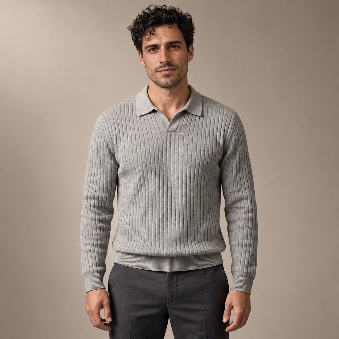 Men's Ribbed Knit Polo Sweater
