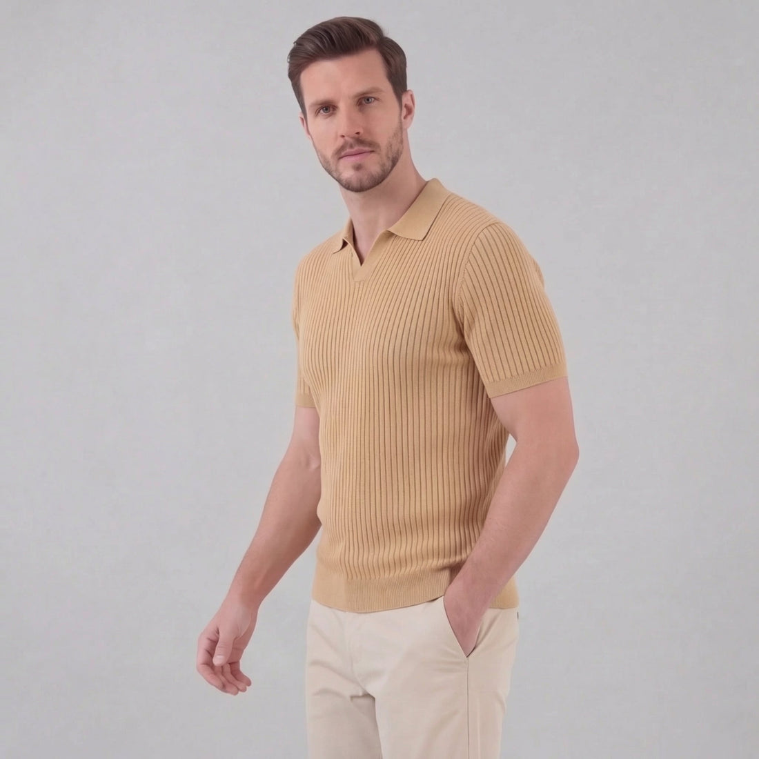 Men’s Ribbed Knit Short Sleeve Polo Shirt