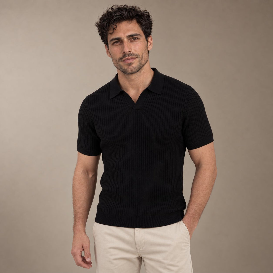 Men’s Ribbed Knit Short Sleeve Polo Shirt