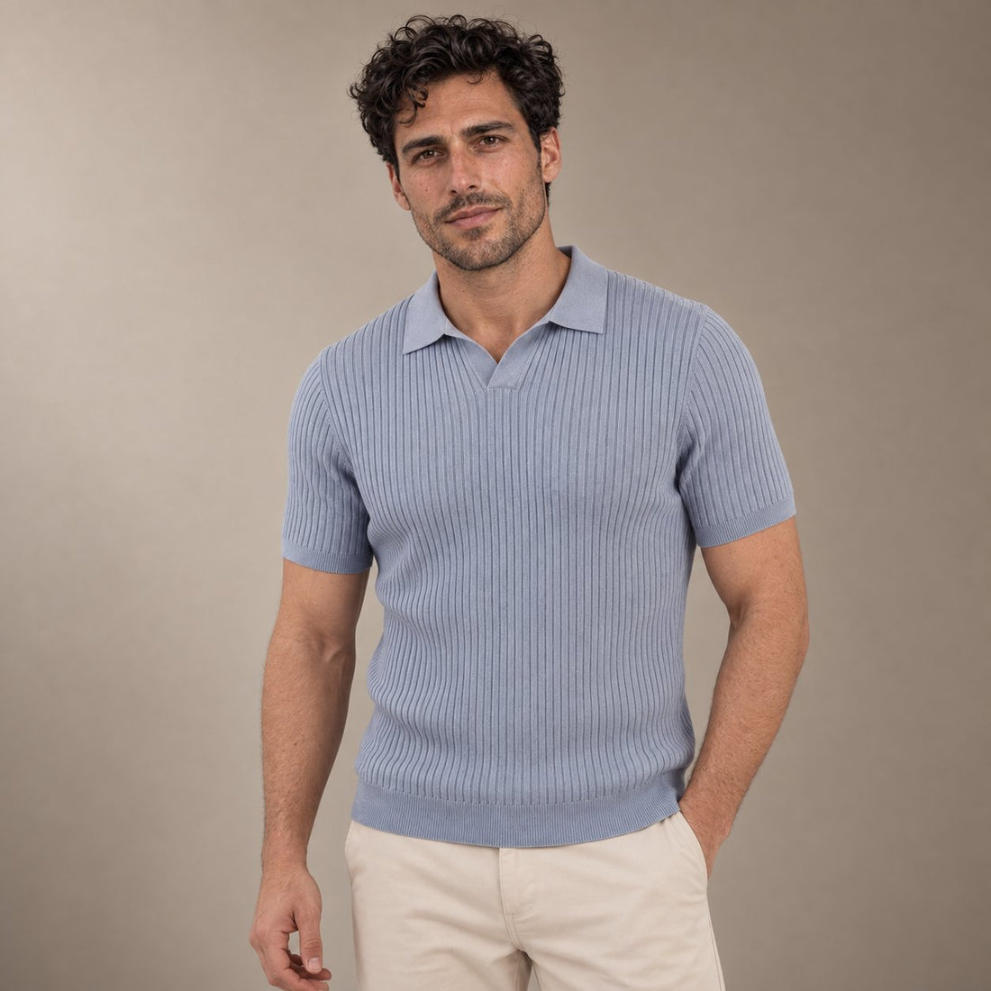 Men’s Ribbed Knit Short Sleeve Polo Shirt