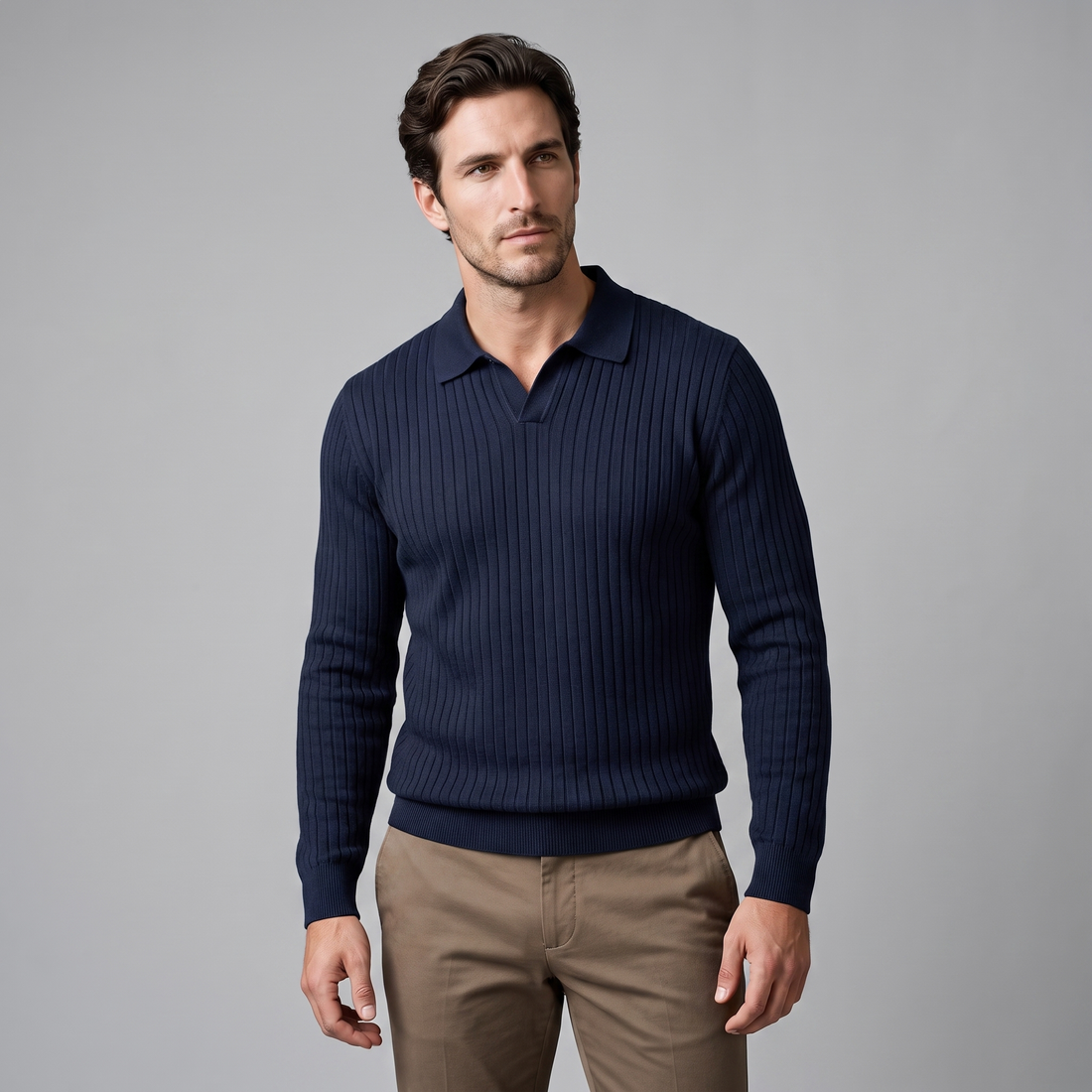 Men's Ribbed Open Collar Polo Sweater