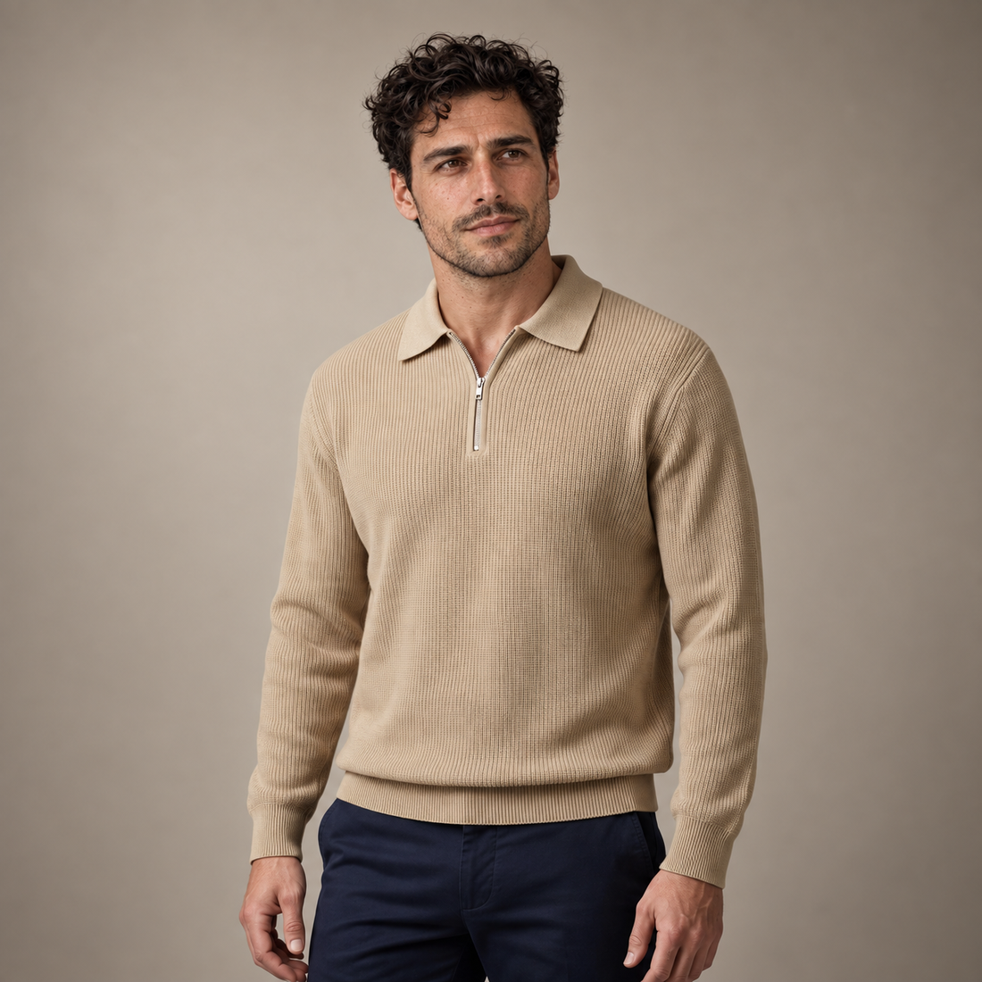 Men's Ribbed Quarter-Zip Polo Sweater