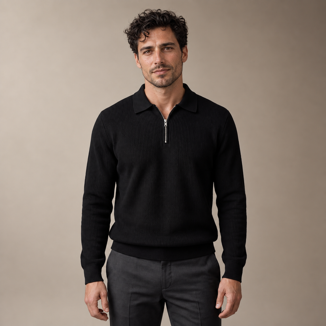 Men's Ribbed Quarter-Zip Polo Sweater