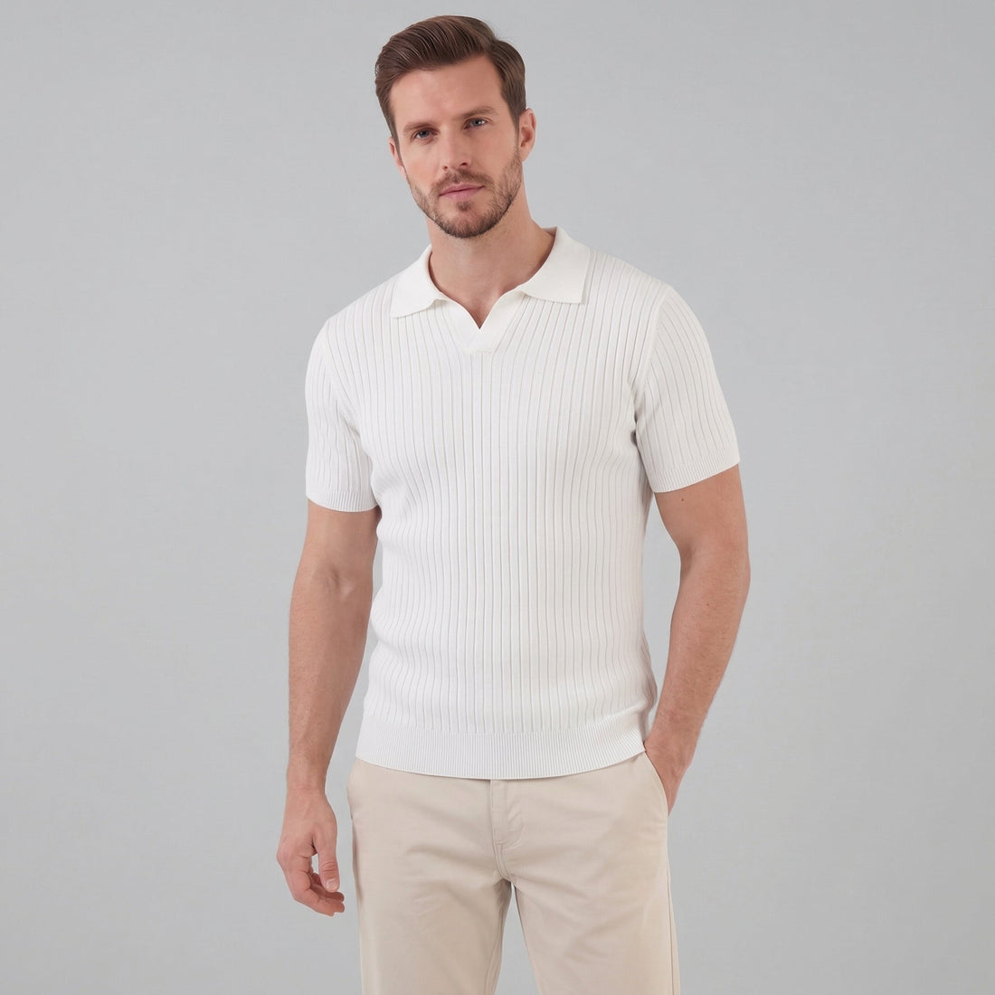 Men's Ribbed Short Sleeve V-Neck Polo