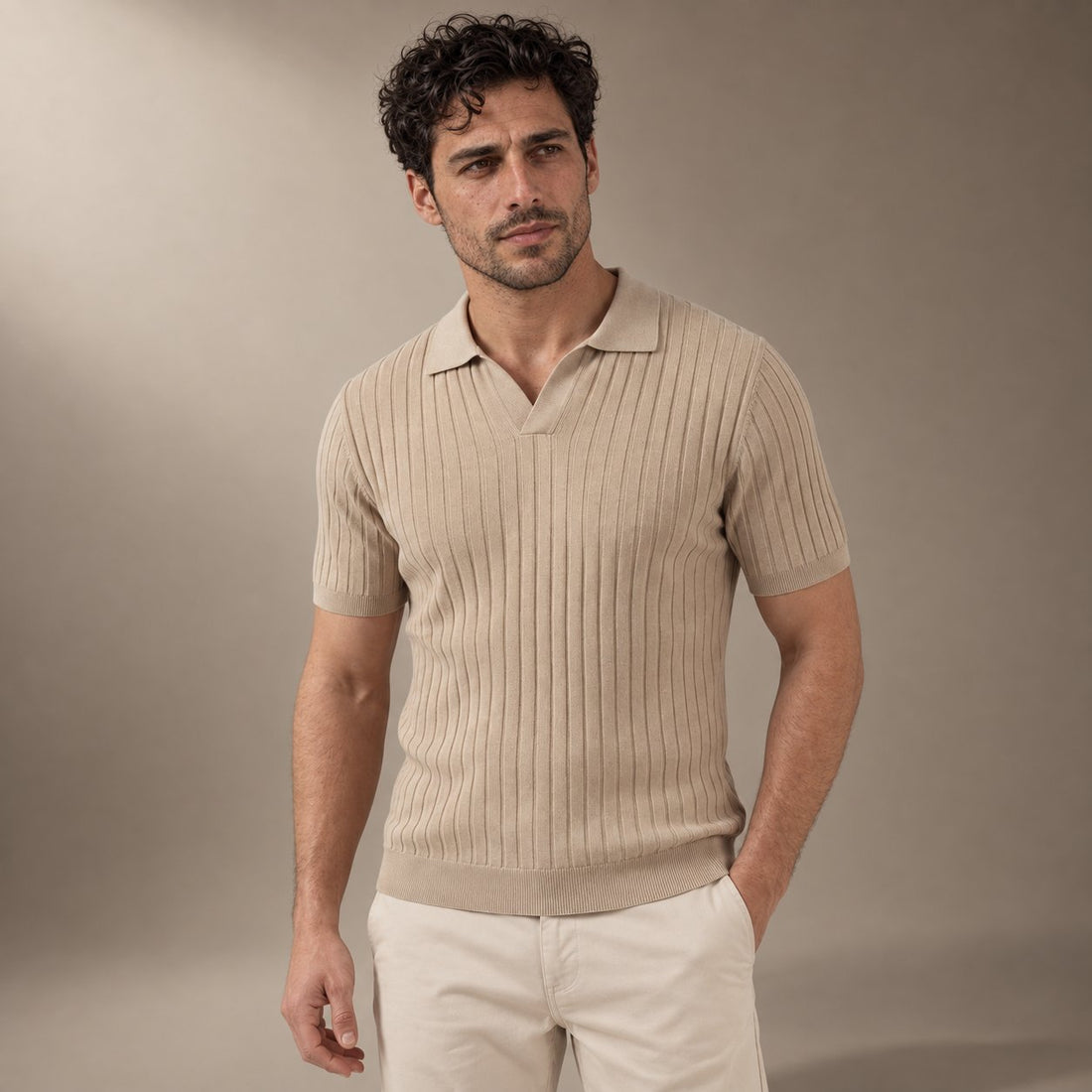 Men's Ribbed Short Sleeve V-Neck Polo