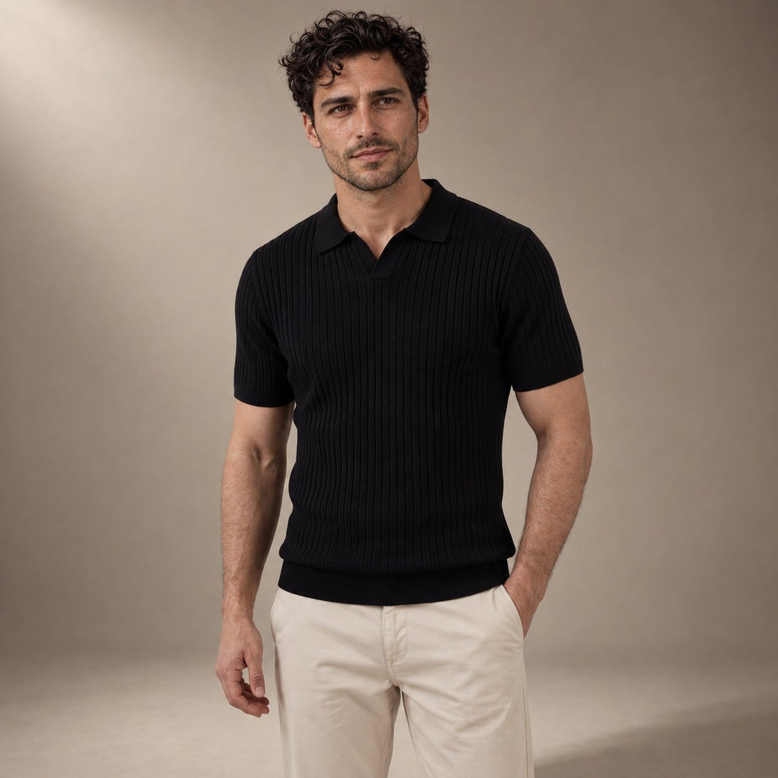Men's Ribbed Short Sleeve V-Neck Polo