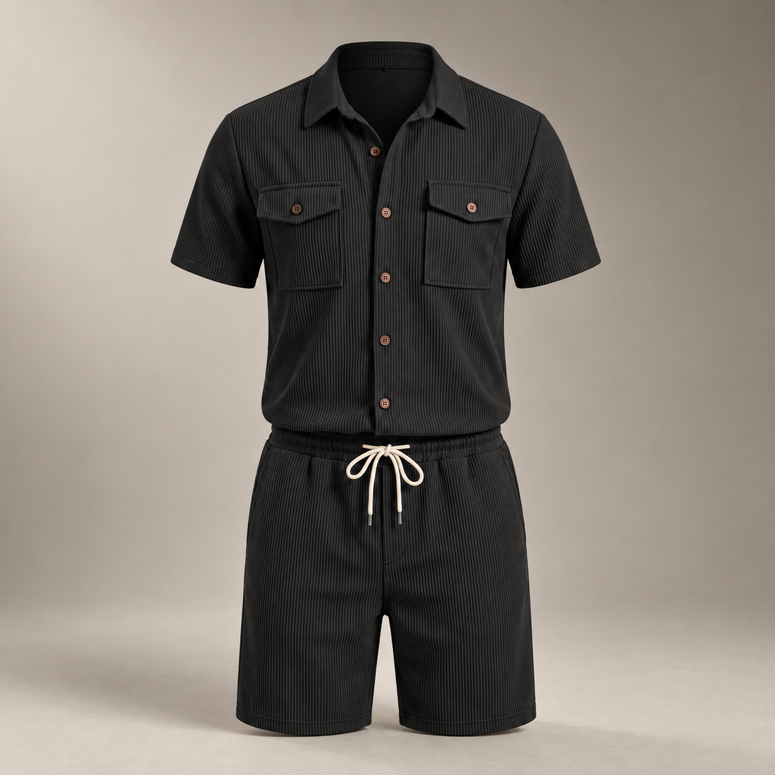 Men's Ribbed Stripe Shirt and Shorts Co-Ord Set