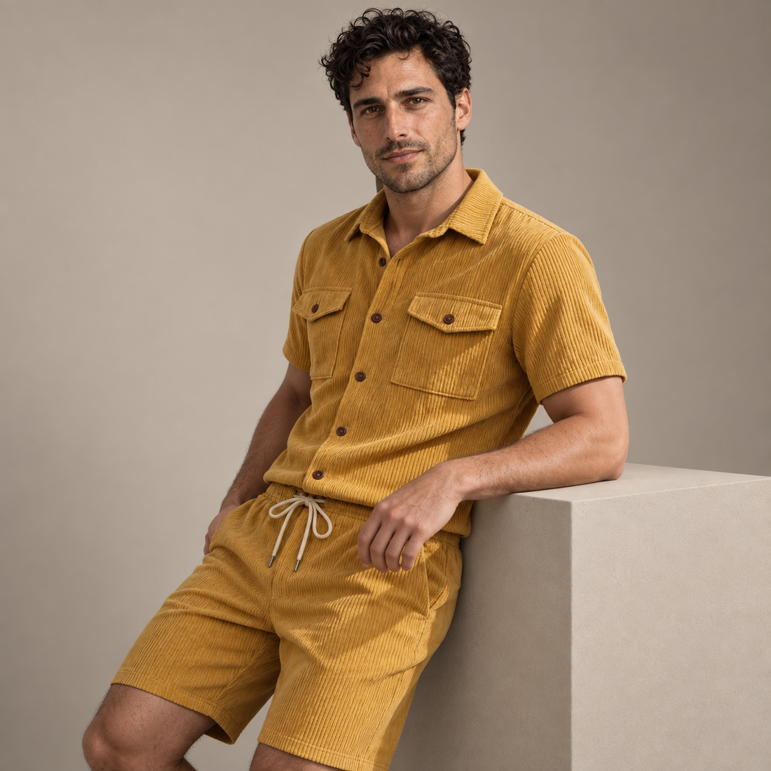 Men's Ribbed Stripe Shirt and Shorts Co-Ord Set