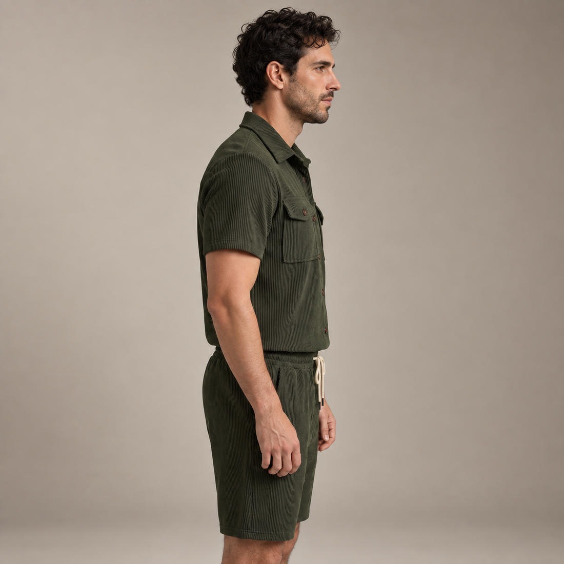 Men's Ribbed Stripe Shirt and Shorts Co-Ord Set