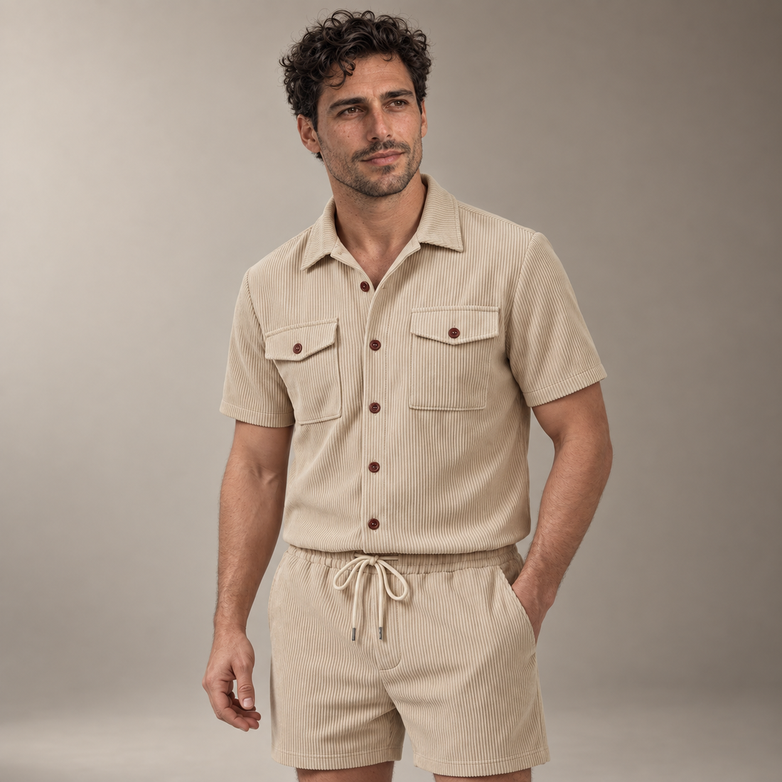 Men's Ribbed Stripe Shirt and Shorts Co-Ord Set