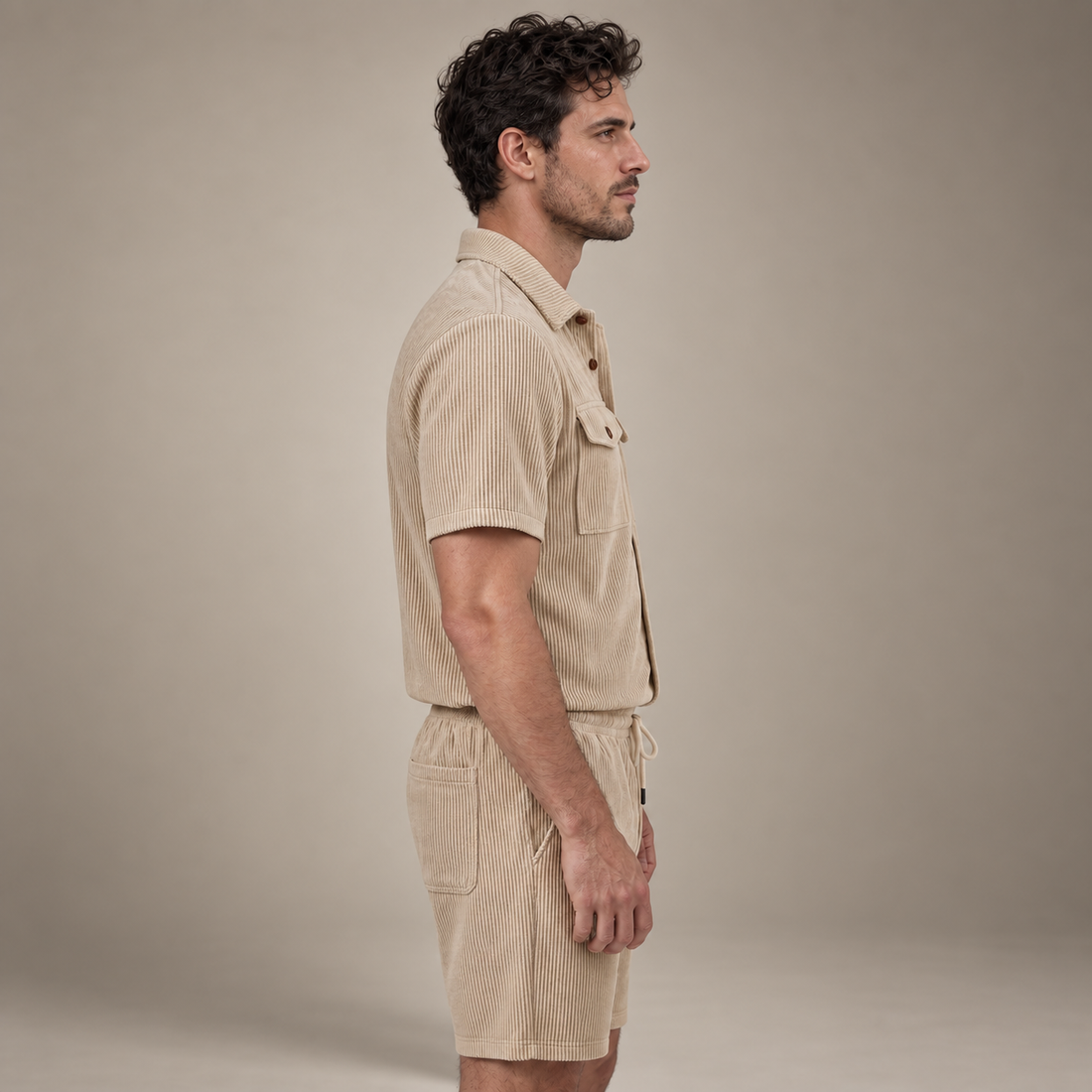 Men's Ribbed Stripe Shirt and Shorts Co-Ord Set