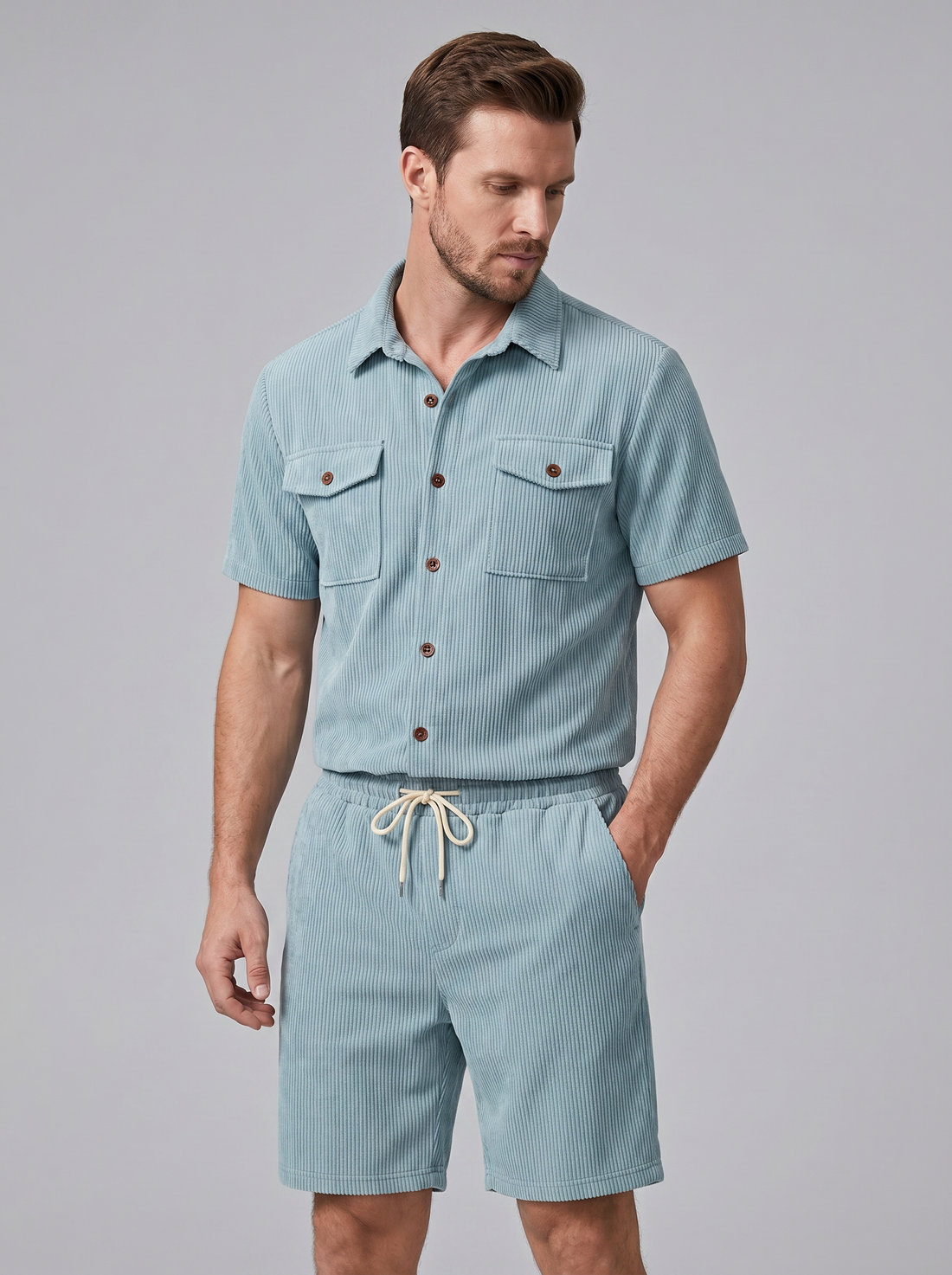 Men's Ribbed Stripe Shirt and Shorts Co-Ord Set
