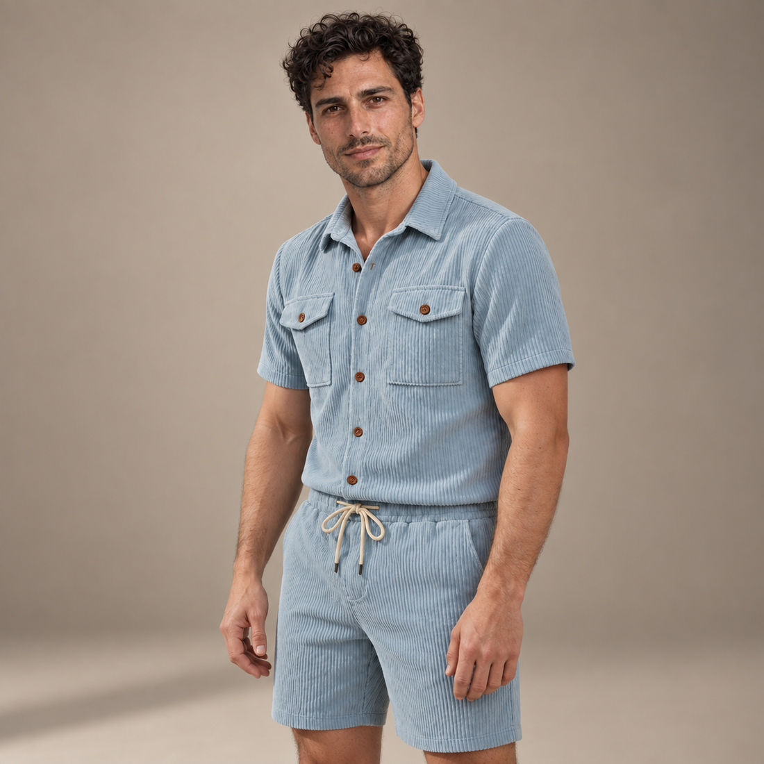 Men's Ribbed Stripe Shirt and Shorts Co-Ord Set