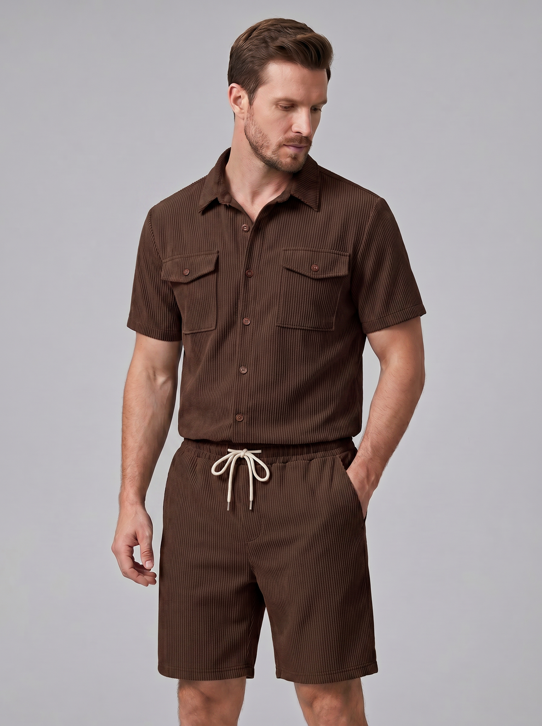 Men's Ribbed Stripe Shirt and Shorts Co-Ord Set