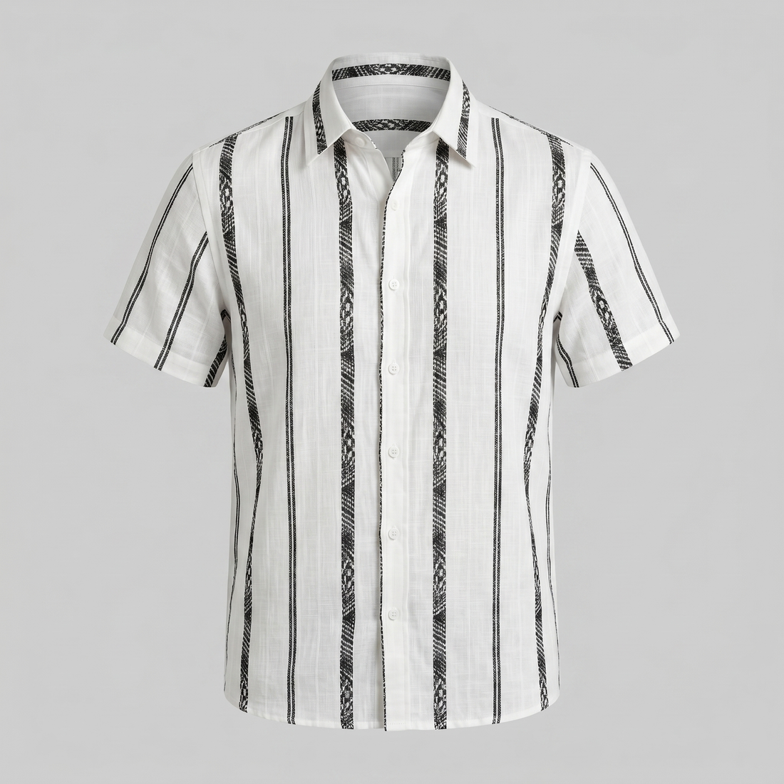 Men's Short Sleeve Button-Up Shirt with Textured Stripes