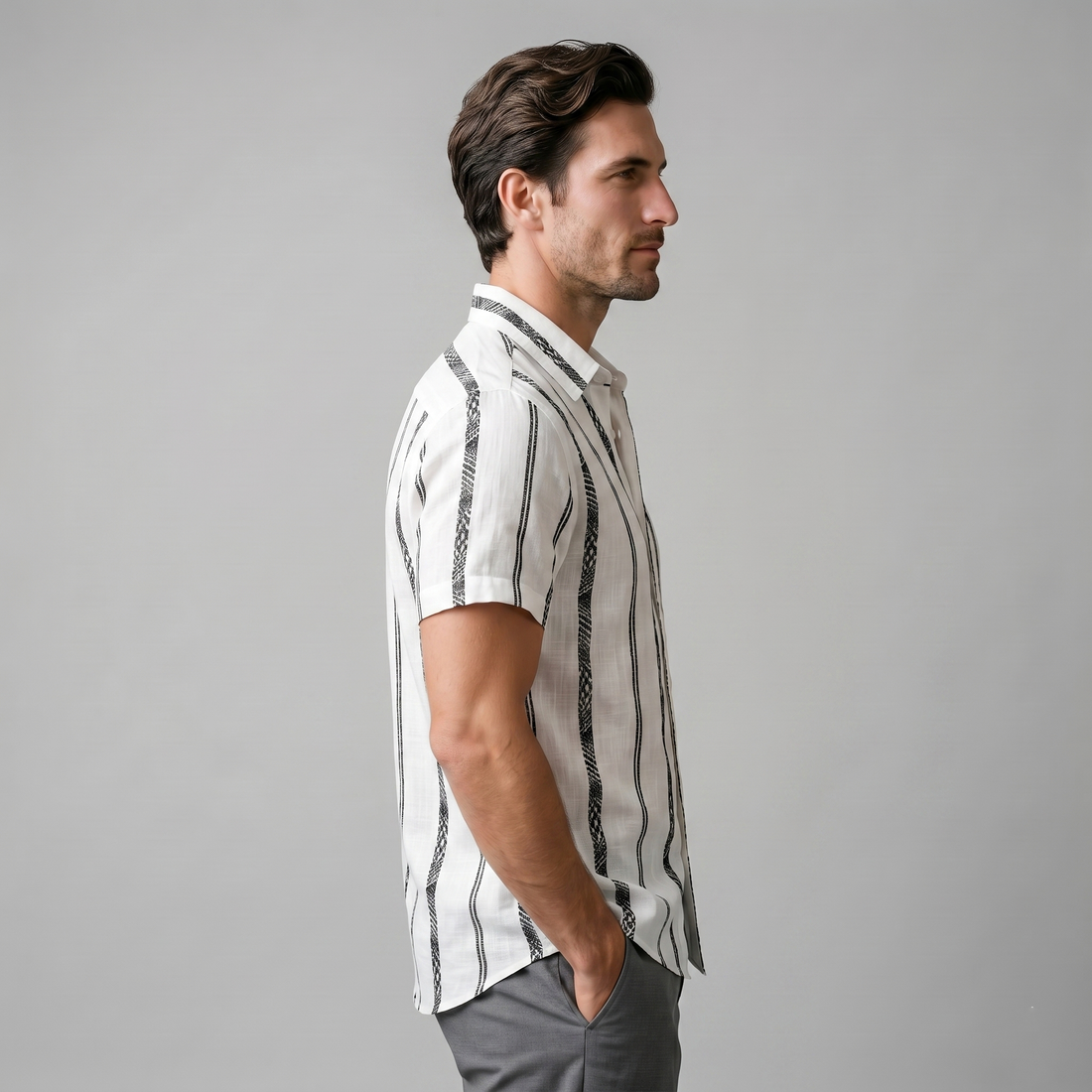 Men's Short Sleeve Button-Up Shirt with Textured Stripes