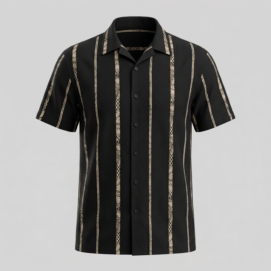 Men's Short Sleeve Button-Up Shirt with Textured Stripes