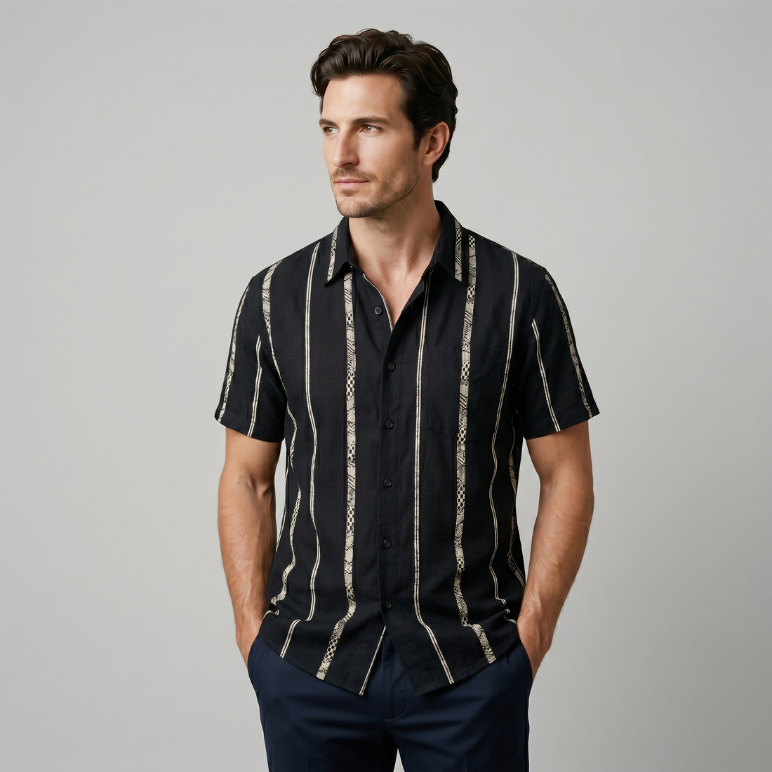 Men's Short Sleeve Button-Up Shirt with Textured Stripes