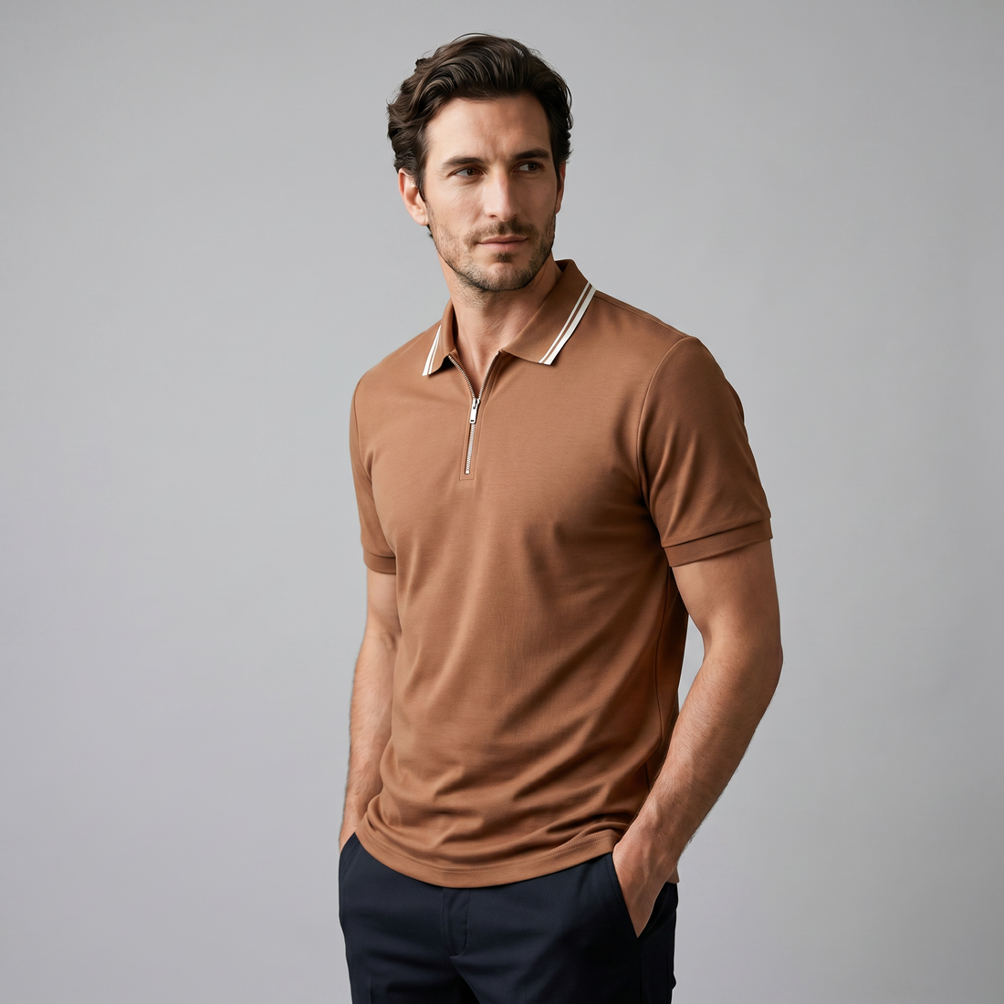 Men's Short Sleeve Polo Shirt with Zip Placket