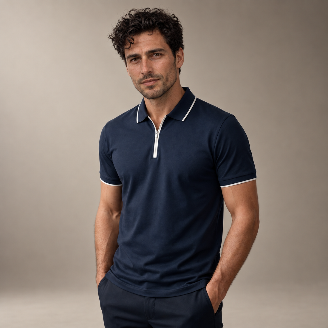 Men's Short Sleeve Polo Shirt with Zip Placket