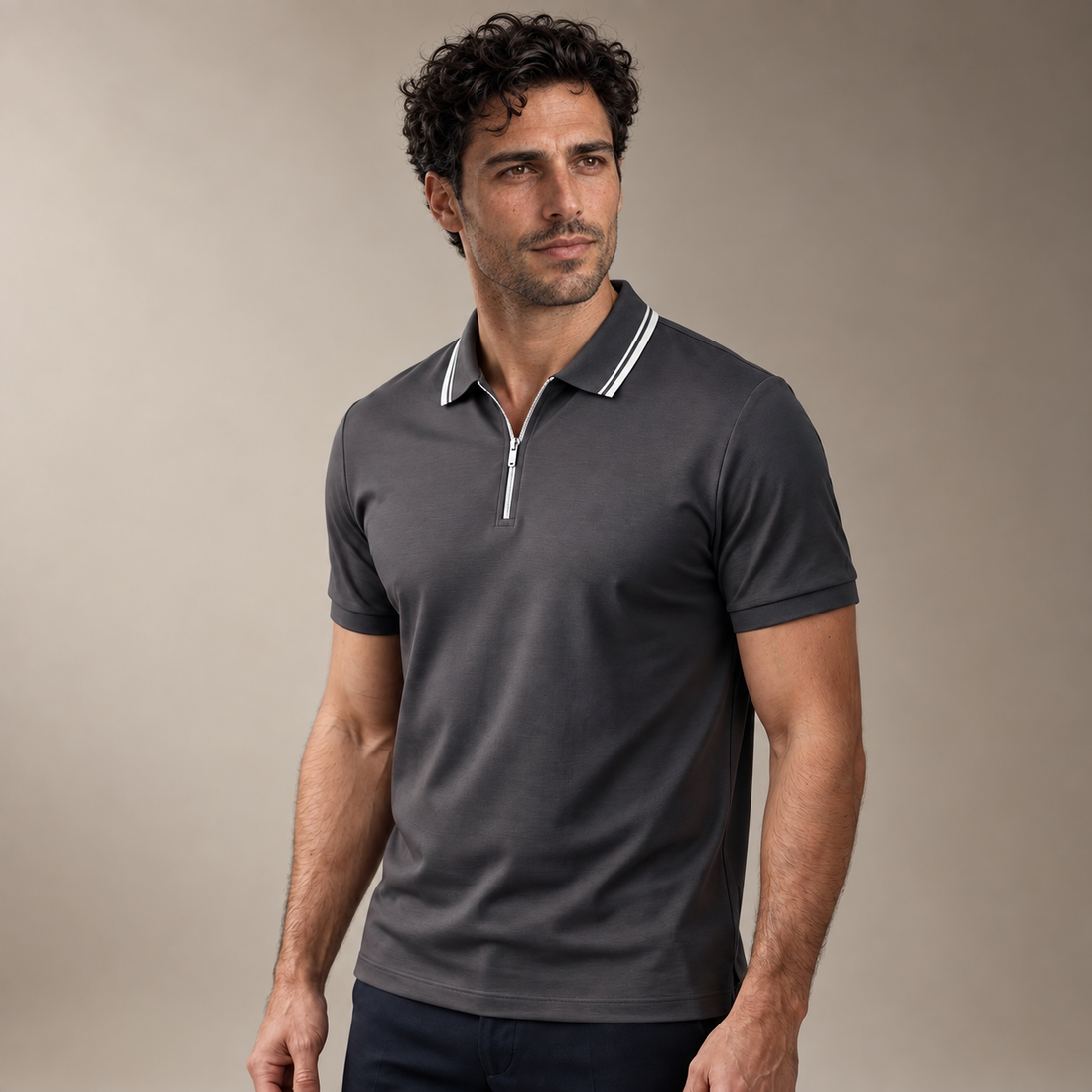Men's Short Sleeve Polo Shirt with Zip Placket