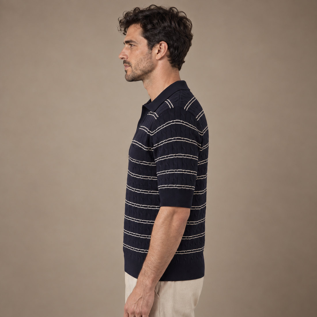 Men's Striped Cable Knit Open Collar Polo