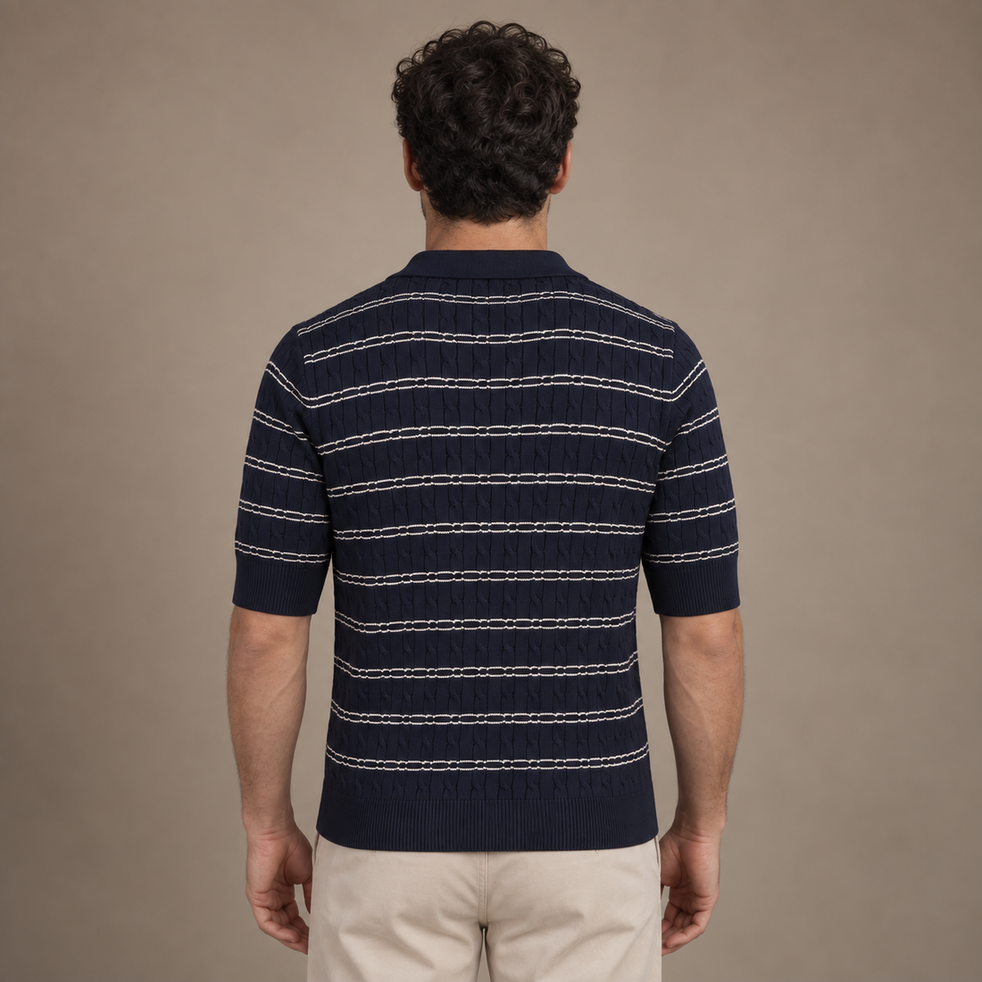 Men's Striped Cable Knit Open Collar Polo