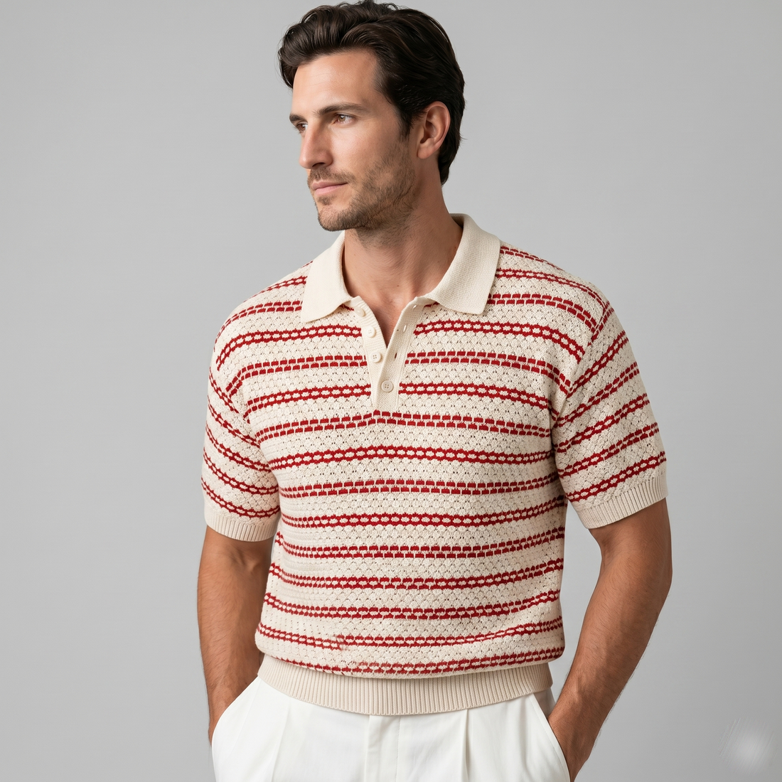 Men's Striped Crochet Knit Polo Shirt