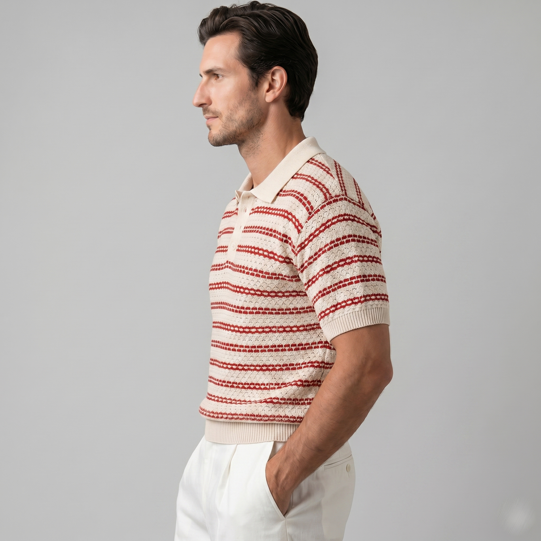 Men's Striped Crochet Knit Polo Shirt