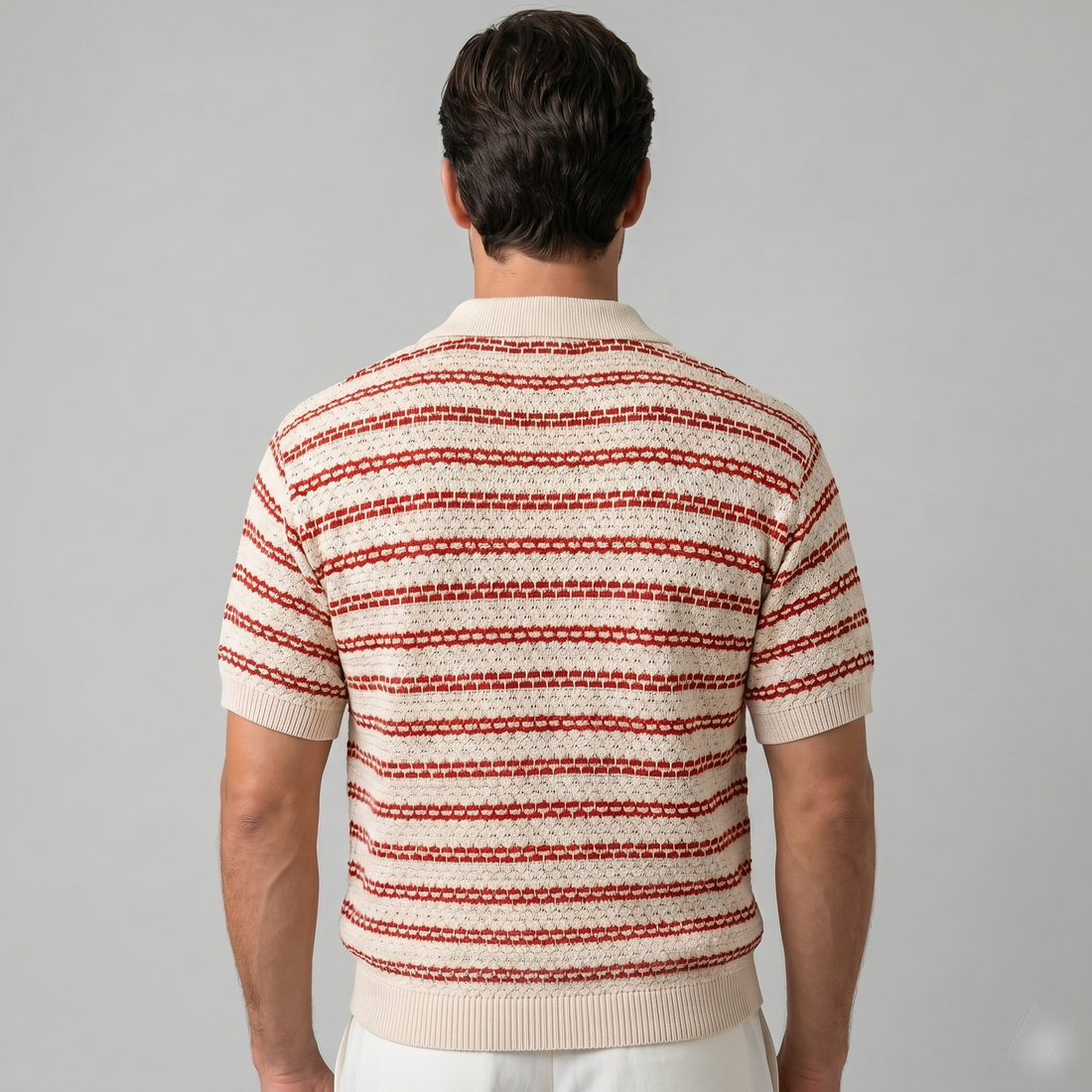 Men's Striped Crochet Knit Polo Shirt
