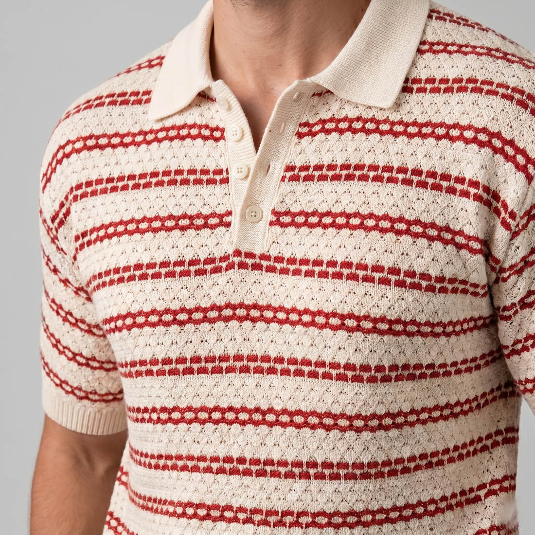 Men's Striped Crochet Knit Polo Shirt