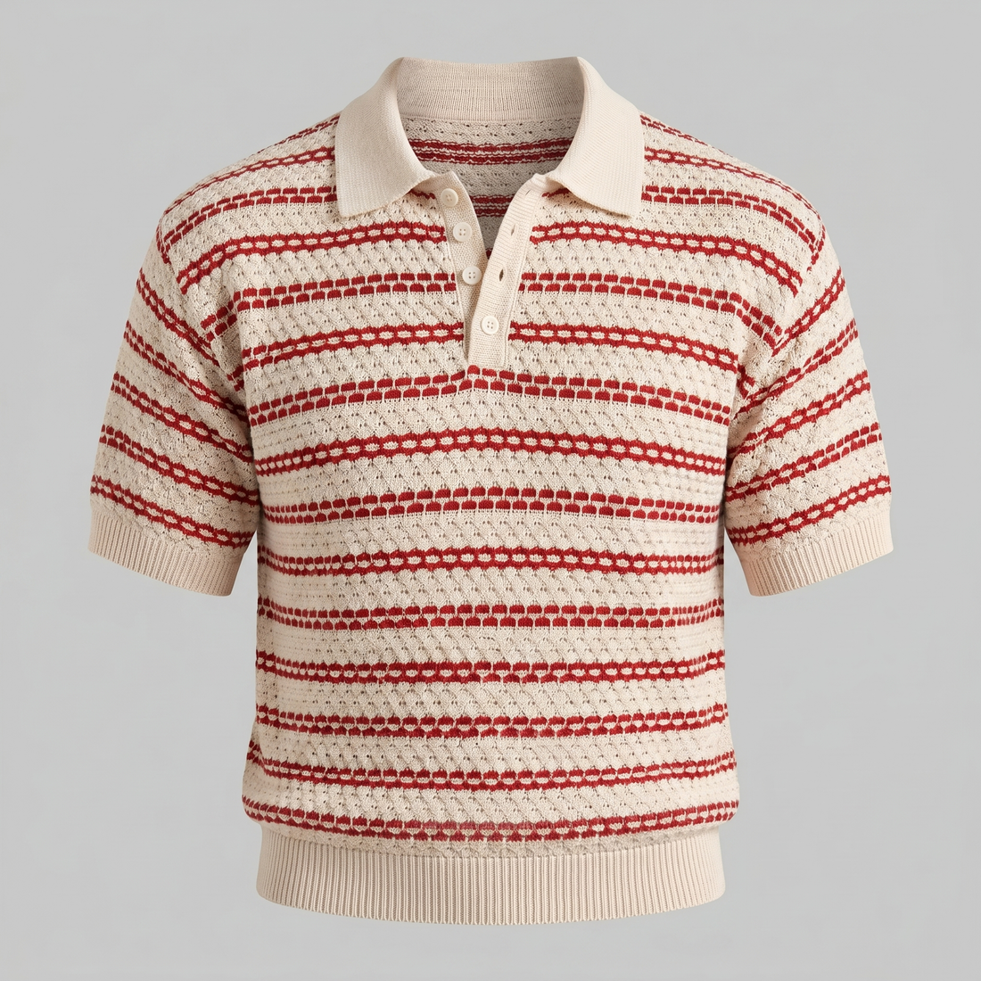 Men's Striped Crochet Knit Polo Shirt