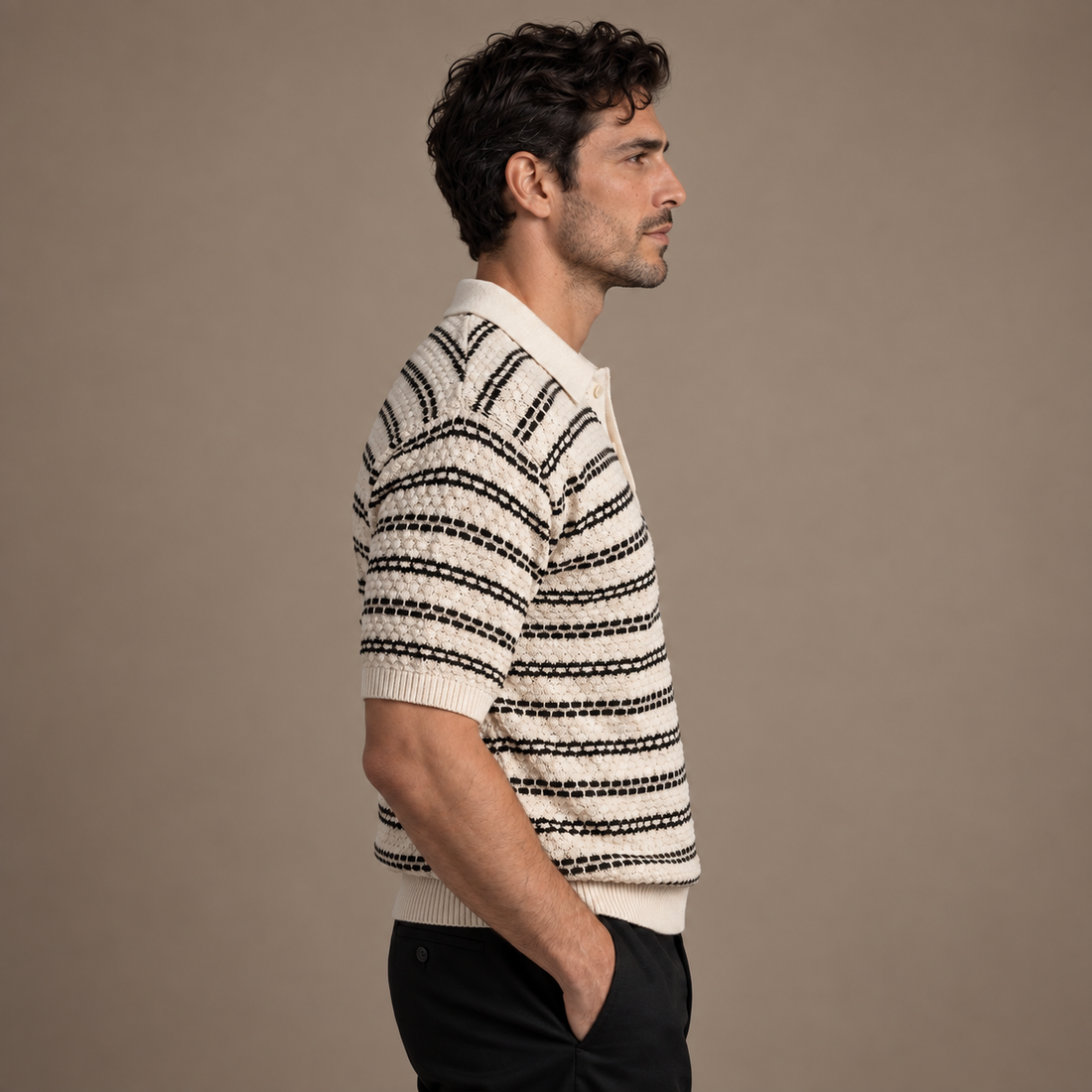 Men's Striped Crochet Knit Polo Shirt