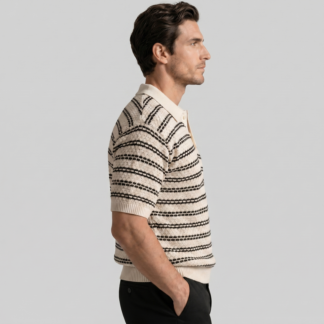 Men's Striped Crochet Knit Polo Shirt