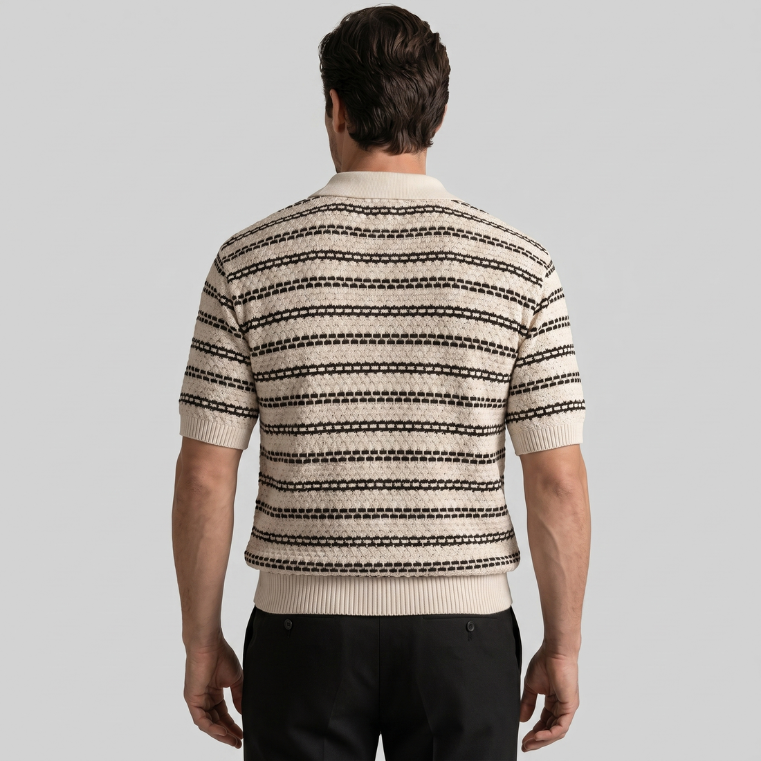 Men's Striped Crochet Knit Polo Shirt