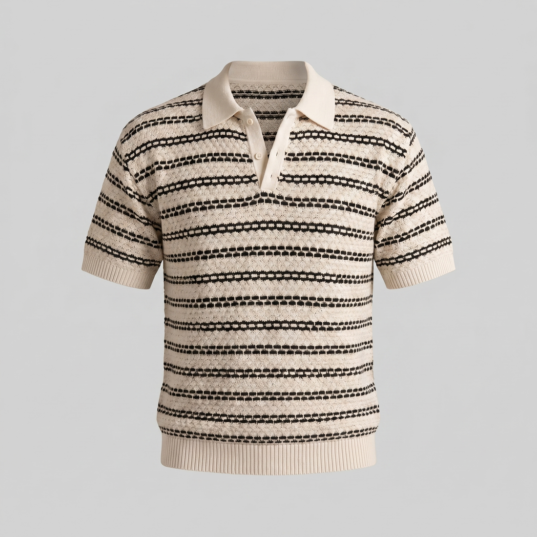 Men's Striped Crochet Knit Polo Shirt