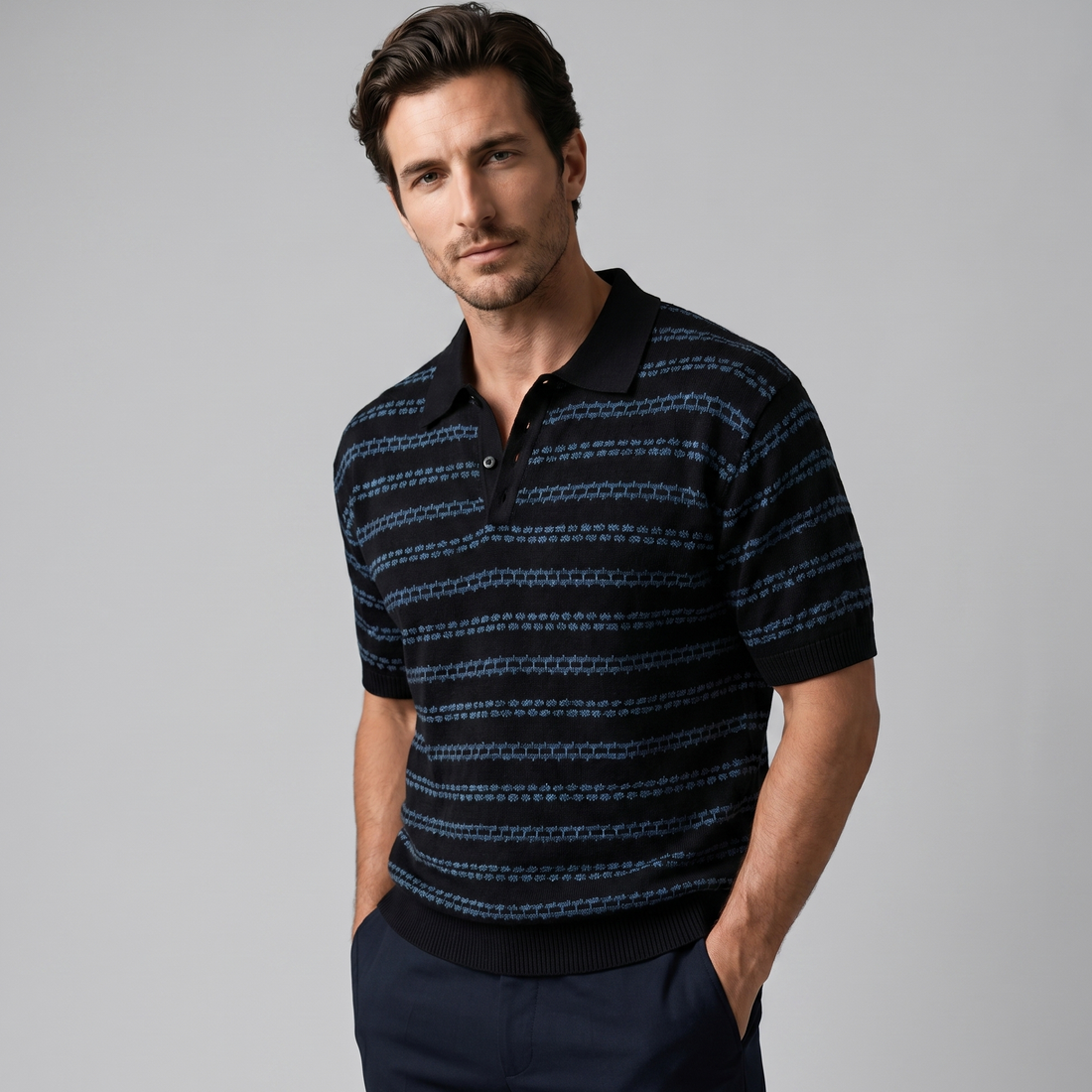 Men's Striped Crochet Knit Polo Shirt