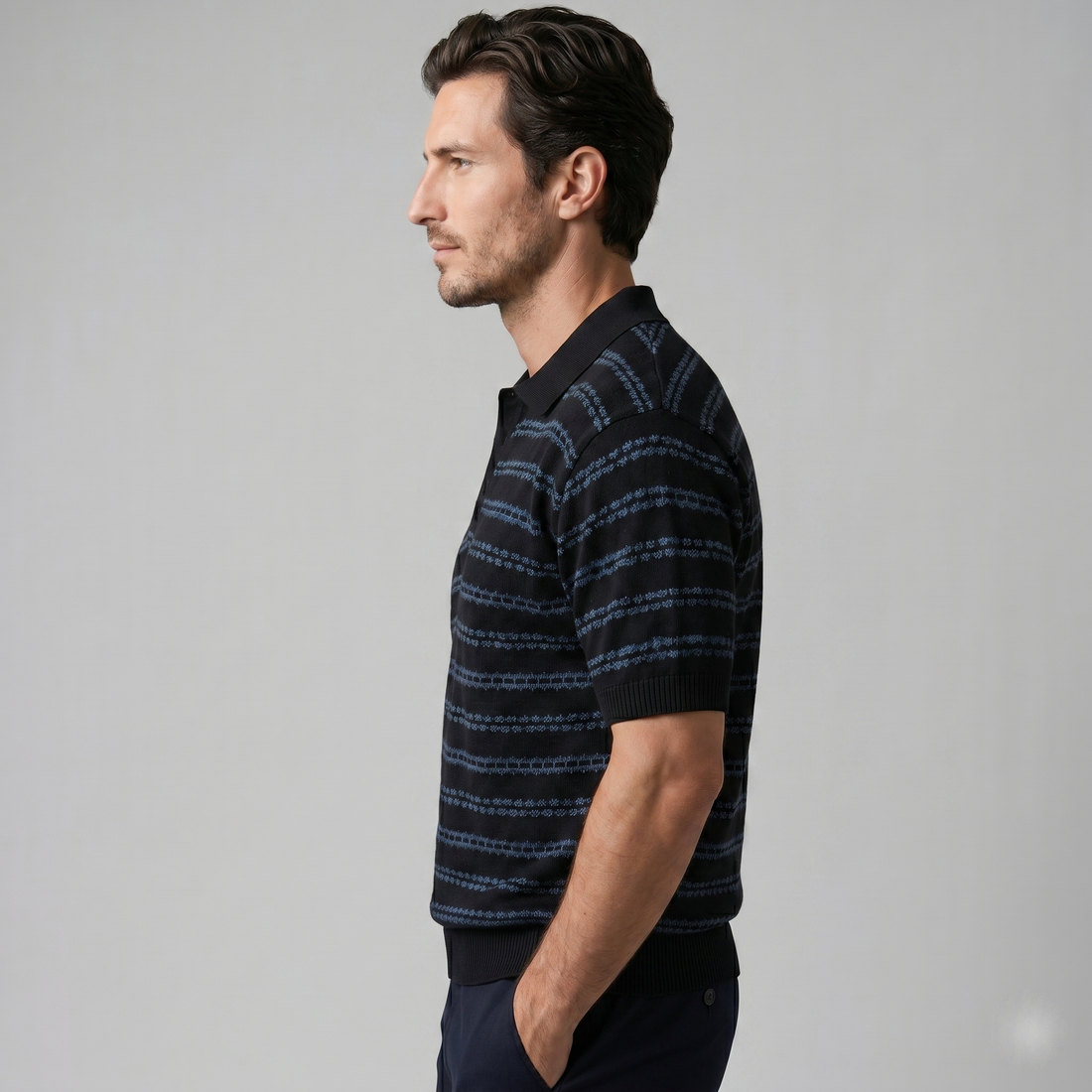 Men's Striped Crochet Knit Polo Shirt