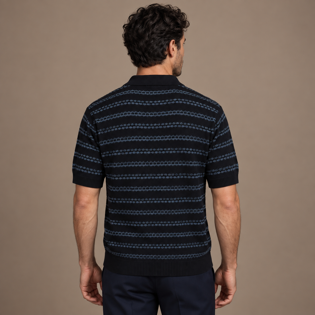 Men's Striped Crochet Knit Polo Shirt