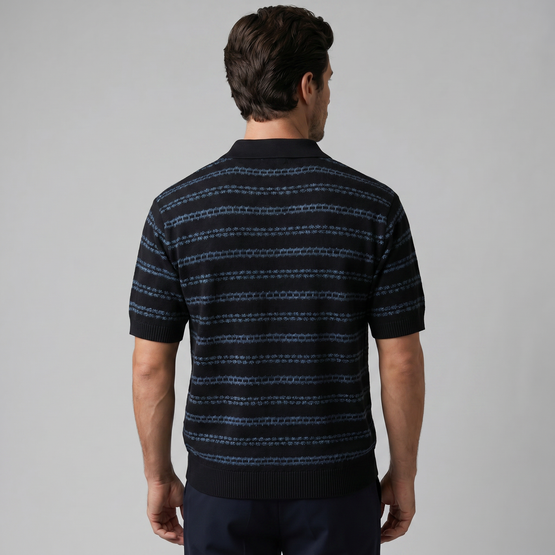 Men's Striped Crochet Knit Polo Shirt