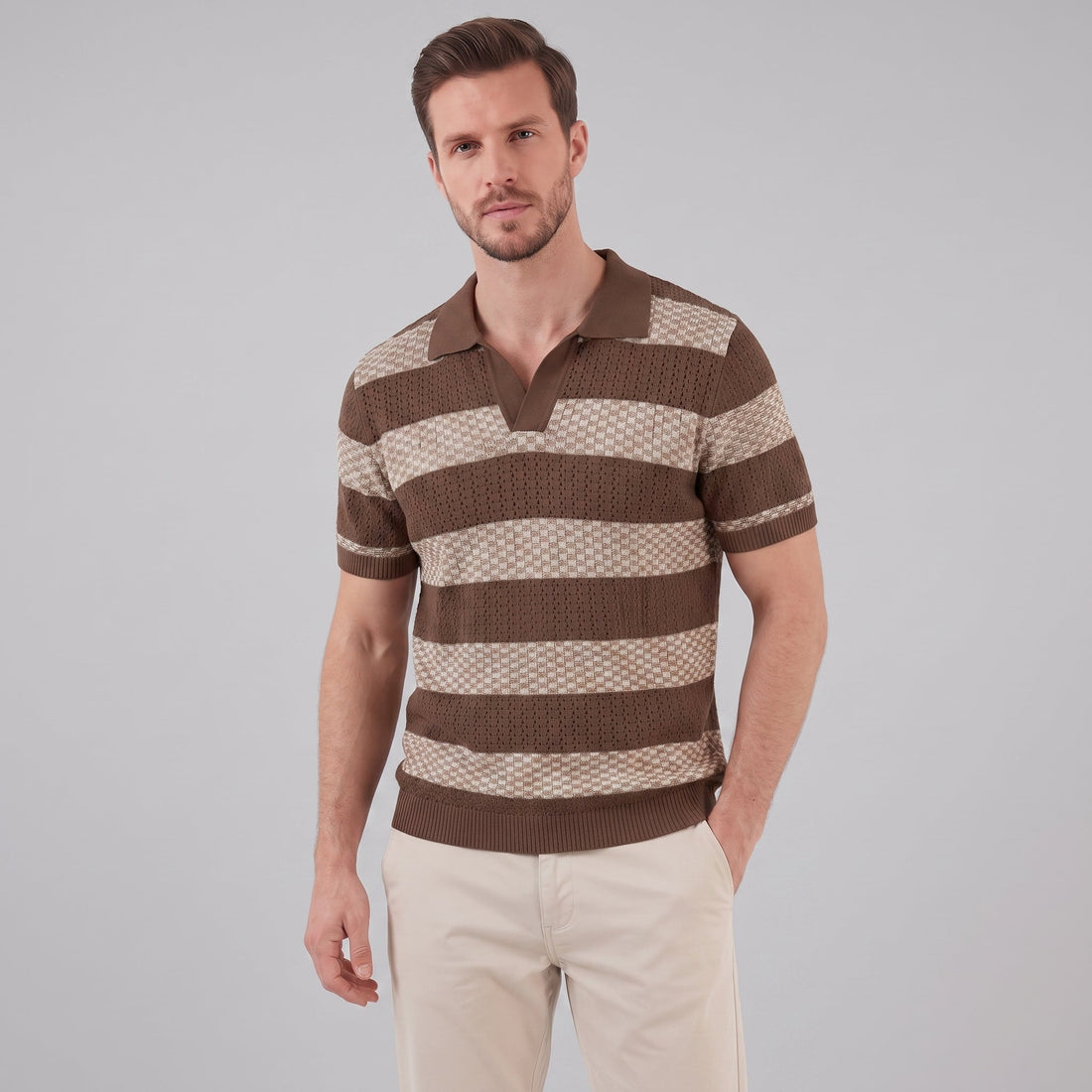 Men’s Textured Crochet Knit Polo Shirt
