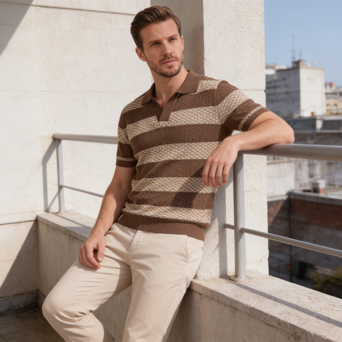 Men’s Textured Crochet Knit Polo Shirt