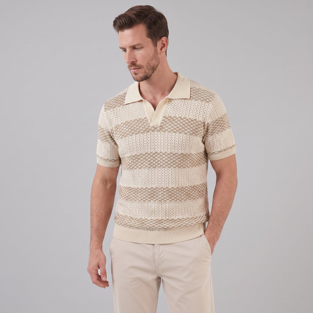 Men’s Textured Crochet Knit Polo Shirt