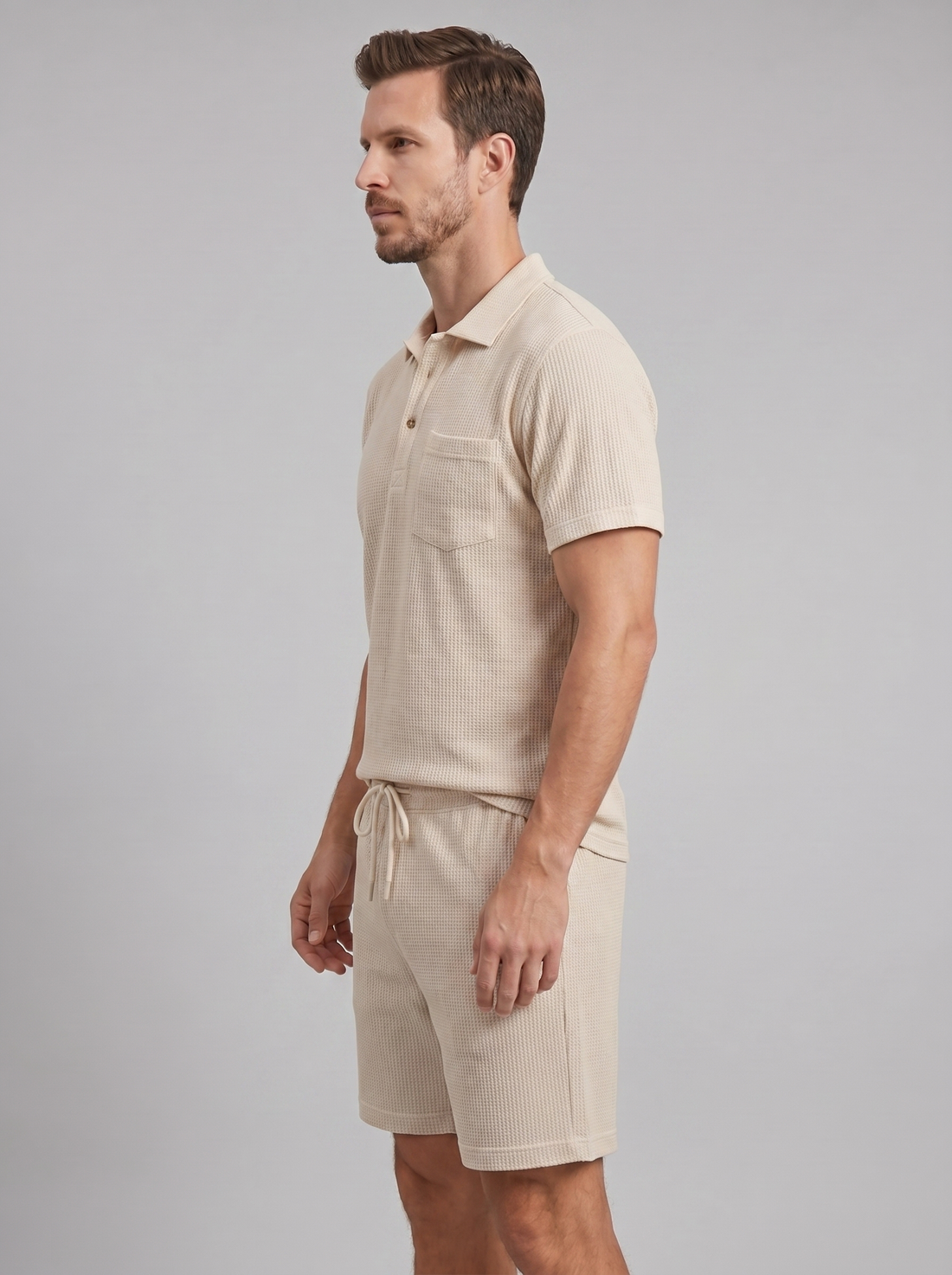 Men's Textured Knit Two Piece Set with Polo and Shorts