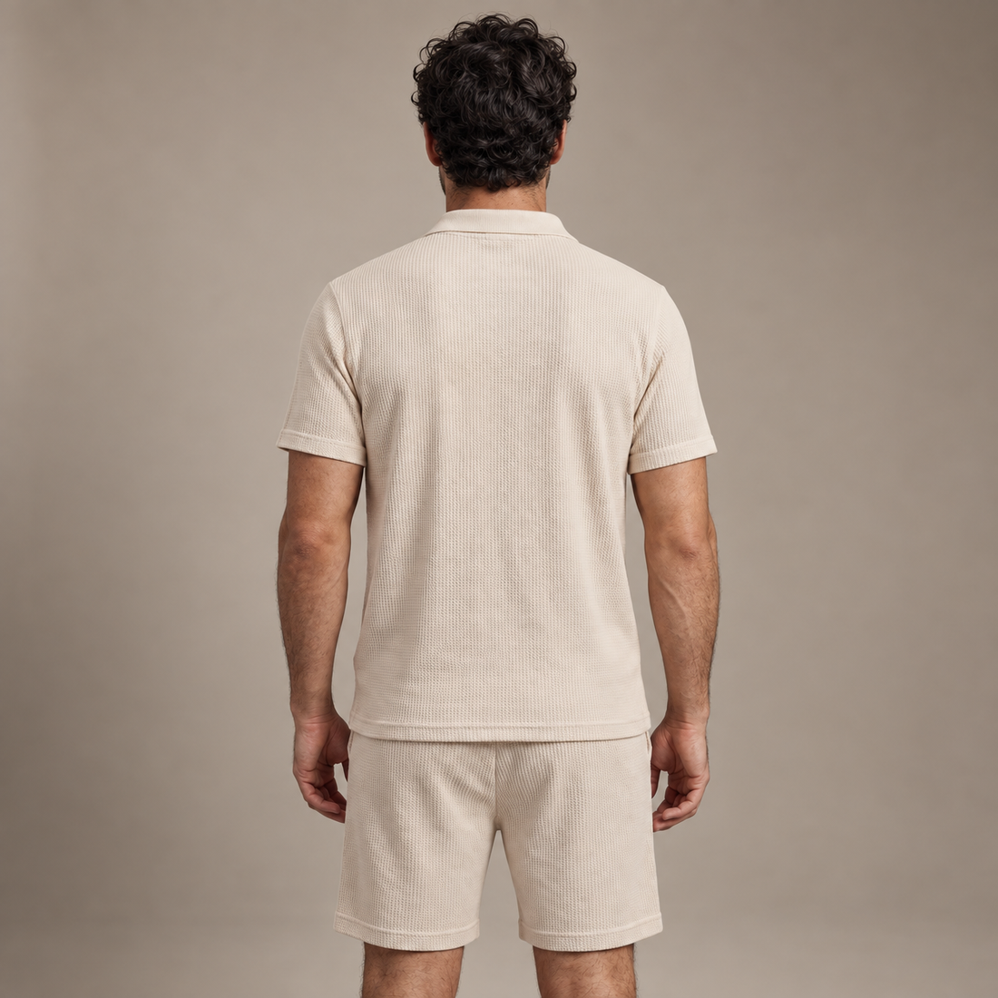 Men's Textured Knit Two Piece Set with Polo and Shorts
