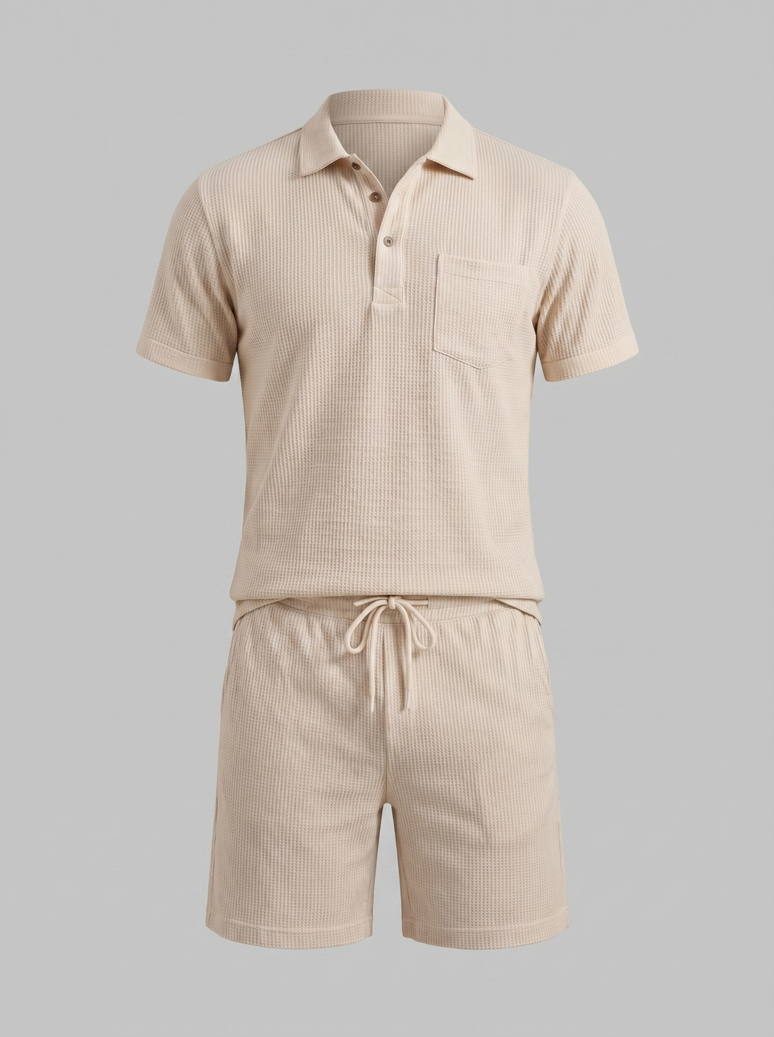 Men's Textured Knit Two Piece Set with Polo and Shorts