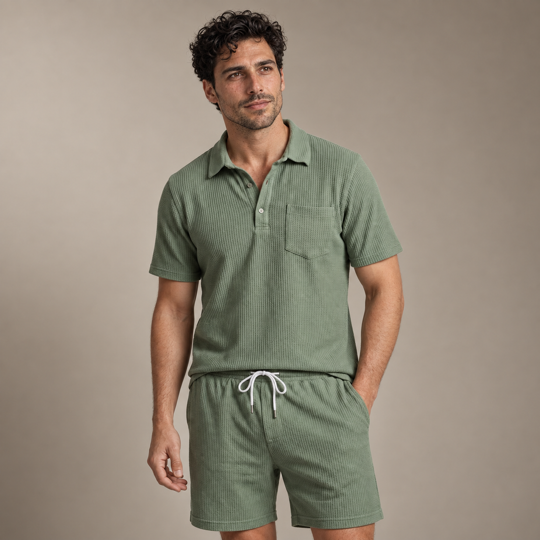Men's Textured Knit Two Piece Set with Polo and Shorts