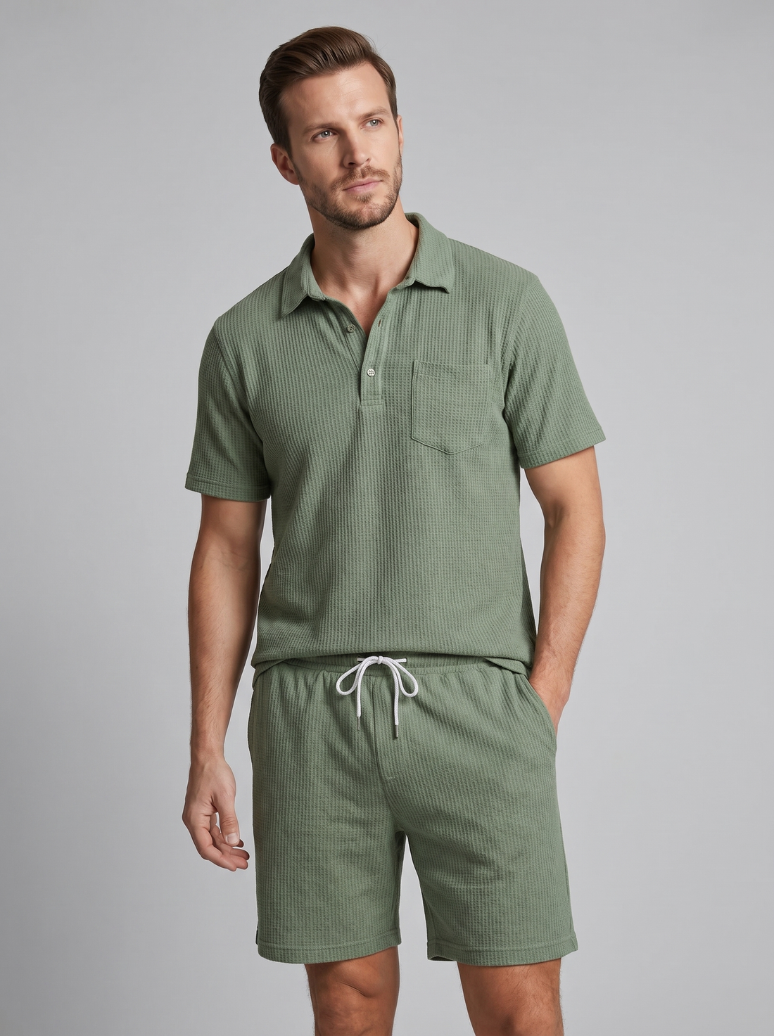 Men's Textured Knit Two Piece Set with Polo and Shorts