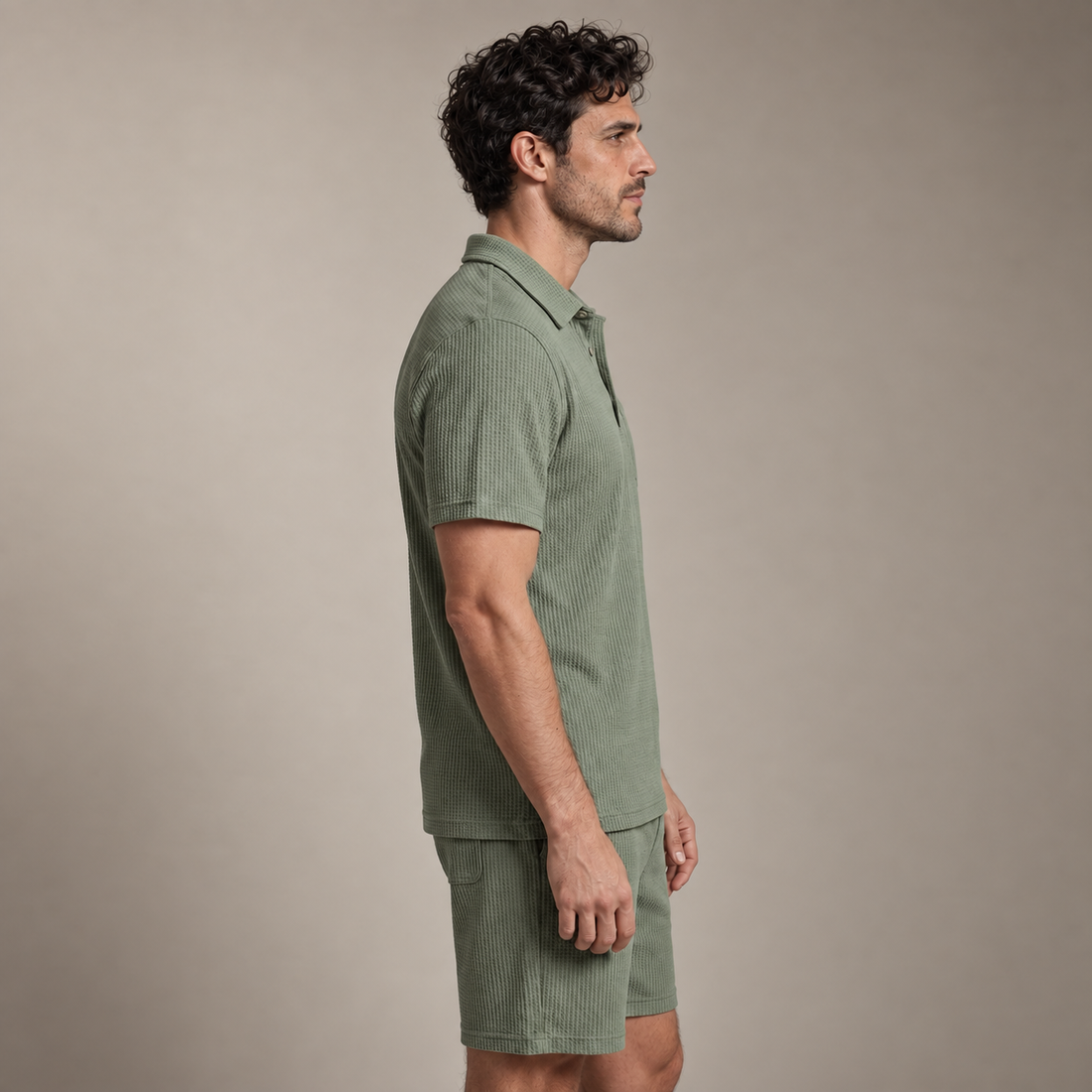 Men's Textured Knit Two Piece Set with Polo and Shorts