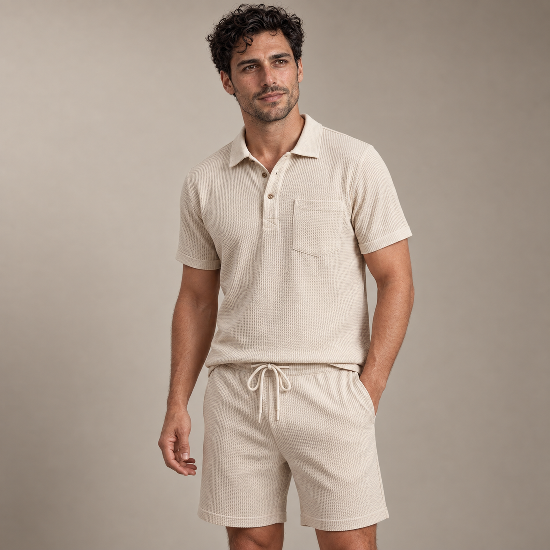 Men's Textured Knit Two Piece Set with Polo and Shorts
